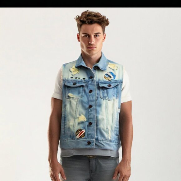 Jordan Craig Legacy Edition Distressed Biker Moto Blue Wash Denim Vest - Picture 2 of 8